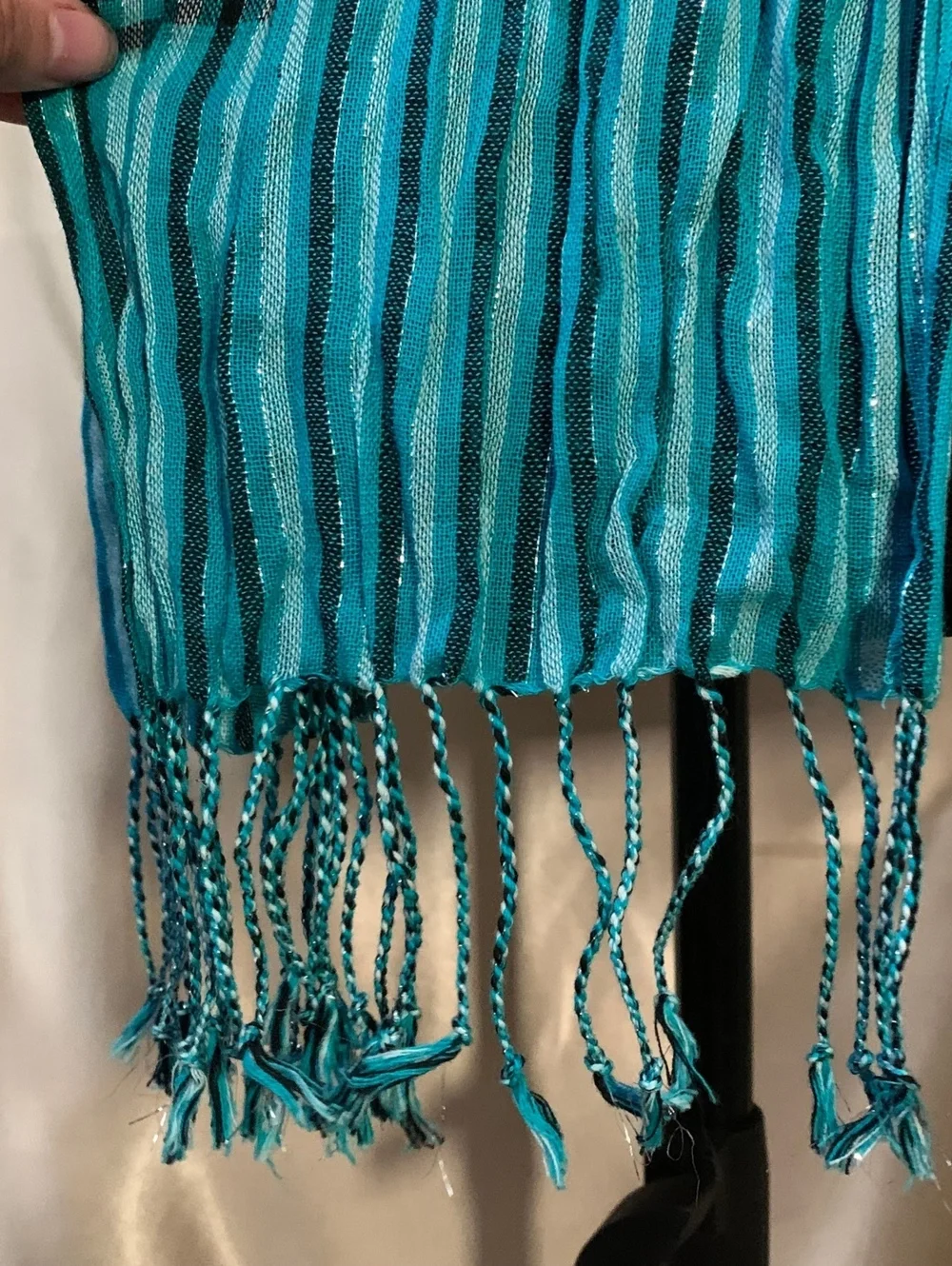 Teal Black Checkered Gingham Plaid Scarf Silver Metallic Stripe Fringe Emo